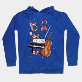 Christmas with singing birds and lots of music instruments Hoodie